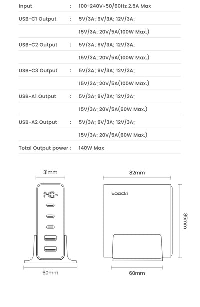 GaN USB Charger 140W 5in1 Desktop with LED Display Ports - Smarsty