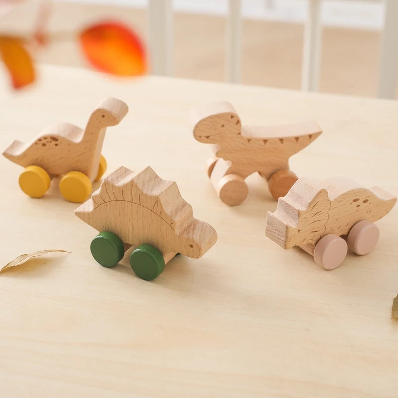 Wooden Baby Car Toys Beech Wooden Dinosaur Cartoon Car Teether Educational Montessori Toys For Children Teething Baby Toys