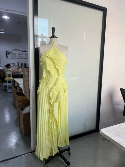 Chic pleated halter neck long vacation dress high quality purple strapless Lotus Edge Maxi Dress 2025 New Lady Vacation Gowns - Smarsty