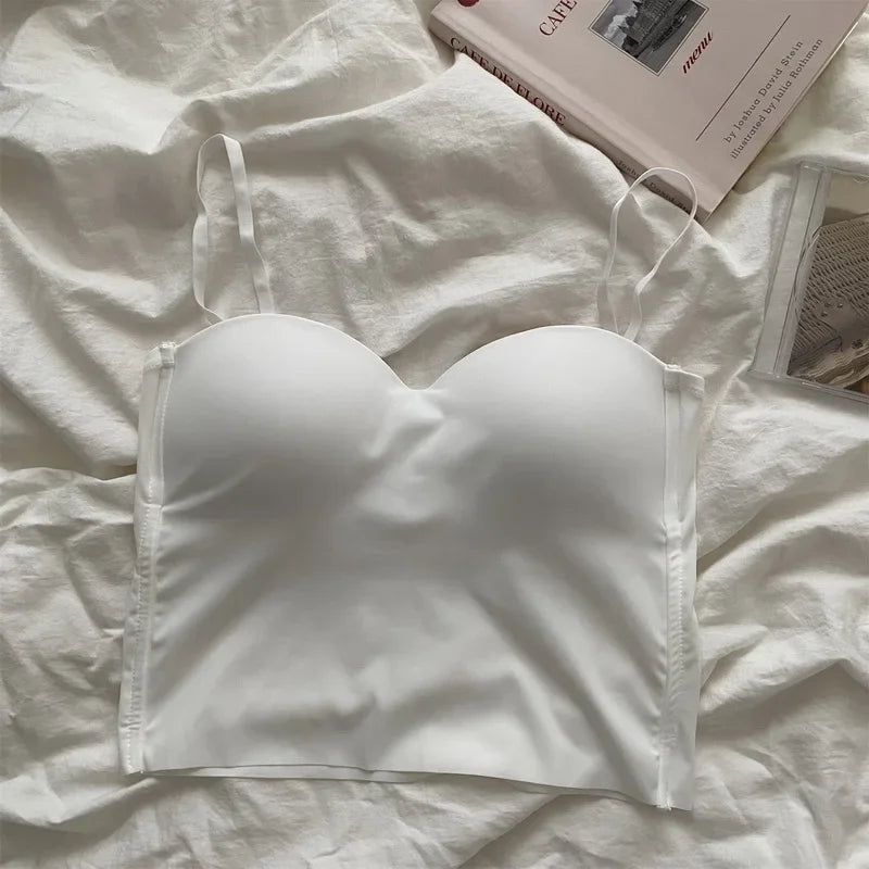 New Solid Color Women's White Top Sleeveless Thin Straps Camisole Summer Tank Top with Cups Summer Ice Silk Comfortable Sling