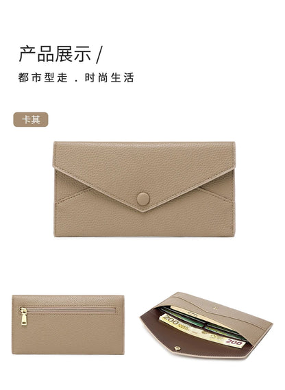 RFID Anti-Theft Purse for Women, Lychee Print, Soft Leather, Envelope Long Wallet, Ultra-thin, Portable, Simple Hand Bag