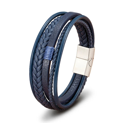 Mens Leather Bracelet Magnetic Buckle Multilayer Bangles - Smarsty