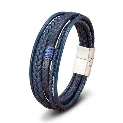 Mens Leather Bracelet Magnetic Buckle Multilayer Bangles - Smarsty