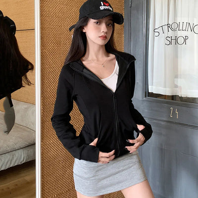 Gray Zipper Hooded Sweatshirt Women 2025 New Korean Slim Fit Cardigan Long Sleeve Coat Woman Solid Pockets Sports Hoodies Jacket - Smarsty