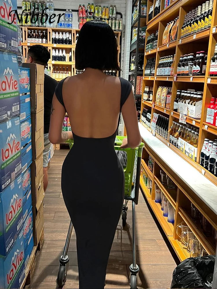 Nibber Solid Sexy Backless Maxi Dress Women Elegant Elastic Slim Short Sleeve Long dresses Female Bodycon Streetwear Clothing - Smarsty