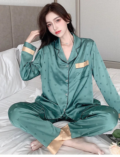 Top Autumn New Ice Silk Women Pajama Lapel Button Cardigan Outfits for Women 2 Piece Set Fashion Printing Set Clothes for Women - Smarsty