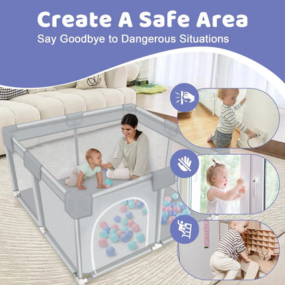ANGDUO Baby Playpen 50*50 Inch Baby Play Yard With Soft Breathable Mesh Play Fence Infant Playard For Boy And Girls Light Gray