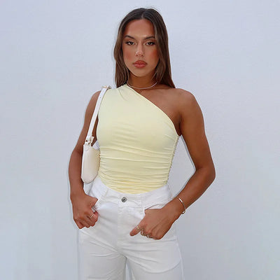 Solid Color One Shoulder Backless Shrink Tank Top T-Shirt Candy Color Tight Sexy Sleeveless Neckless Slim Casaul Top - Smarsty