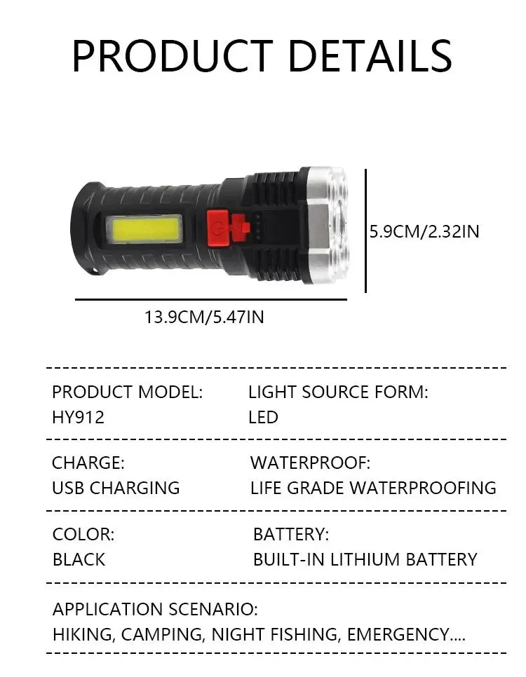 5LED High Power Led Flashlights Rechargeable Camping Spotlight with Side Light 3 Lighting Modes for Camping Adventure Outdoor - Smarsty
