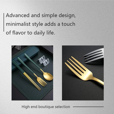 Korean-Style Stainless Steel Utensil Set - Portable Spoon, Fork, Chopsticks with Gift Case, 3-Piece Travel Kit for School, Offic