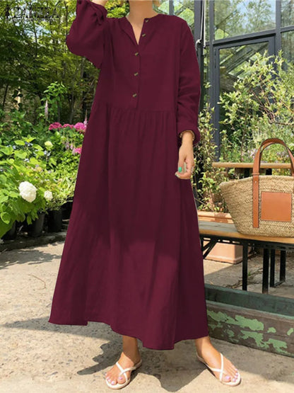 Women's Elegant Solid Cotton Robe Femme 2022 Spring Autumn Bohemian Maxi Dress ZANZEA Casual Long Sleeve Shirt Dresses Oversized - Smarsty