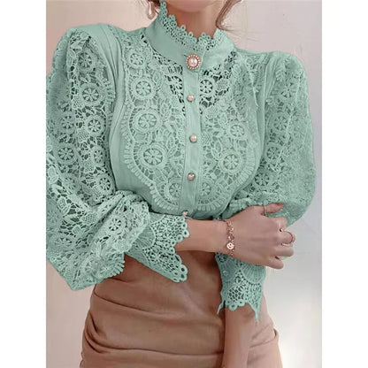 2025 French Style Spring Women Blouse Office Lady Flower Blouse Hollow Out Lace Stand Collar Button Shirt Female Clothing 12419 - Smarsty
