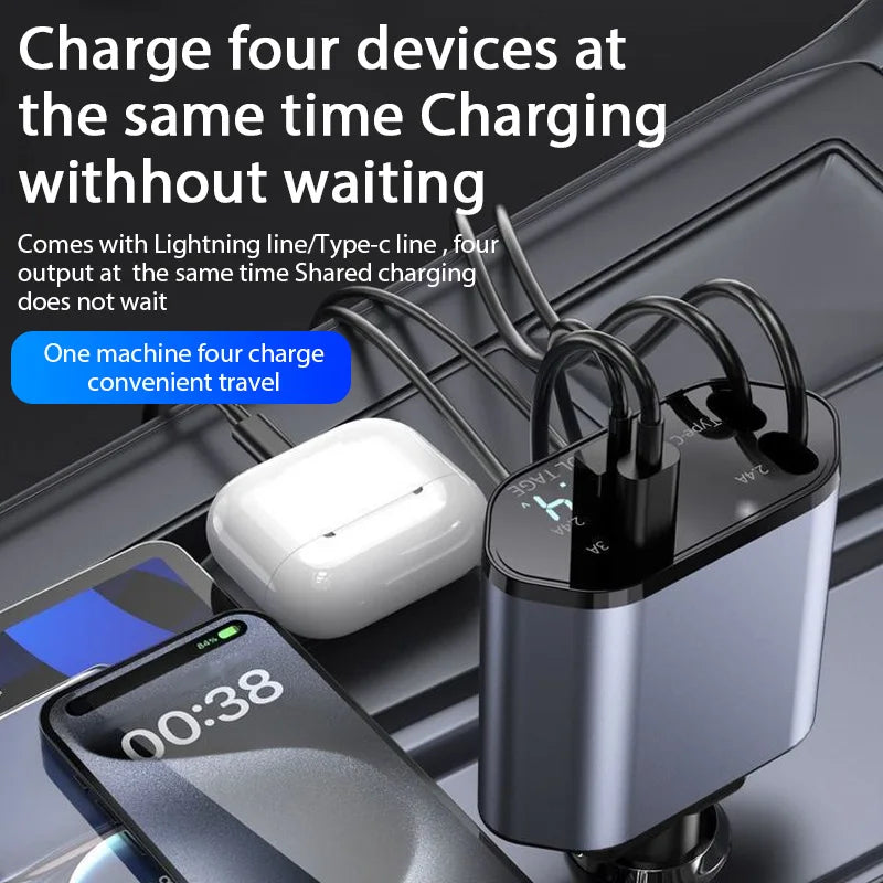 120W Car Charger With Retractable USB Type C Cable - Smarsty