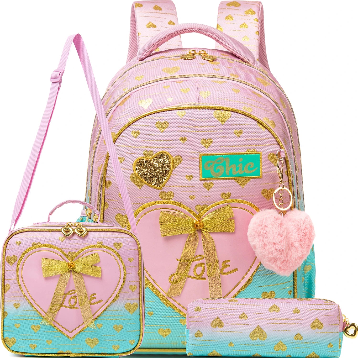 Girls Backpack With Bowknot Ribbon And Lunch Bag Pen Case - Smarsty