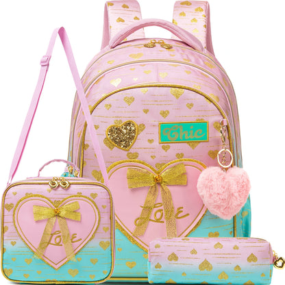 Girls Backpack With Bowknot Ribbon And Lunch Bag Pen Case - Smarsty
