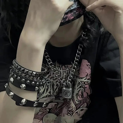 Black Goth Leather Bracelets Set with Rivet Spikes - Smarsty