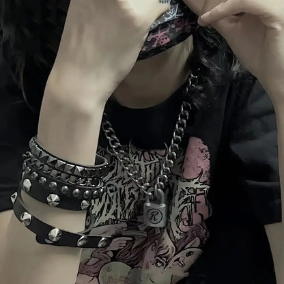 Black Goth Leather Bracelets Set with Rivet Spikes - Smarsty