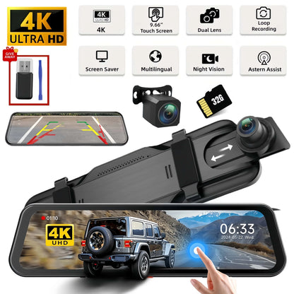 9.66"IPS Touch Screen Mirror Dash Cam Front and Rear, 4K Dual Recording, AHD Backup Camera, Night Vision, G-Sensor. Limited Time