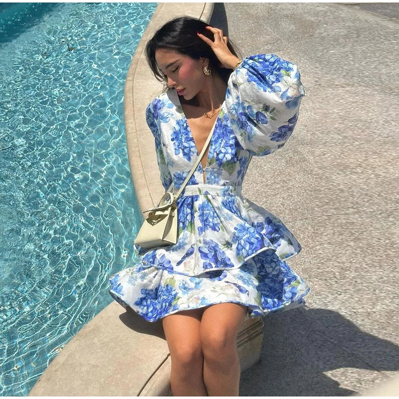Backless Party Dress Women Elegant 3D Flower Print Sling Lace Up Ruffle A-line Mini Evening Dresses Female 2025 Summer Swimwears - Smarsty