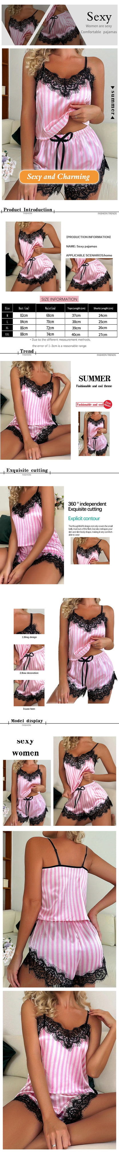 Two Piece Women's V-Neck Sexy Lace Suspender Pajama Shorts Set Casual Women's Sleeveless Sexy Pajama Set - Smarsty