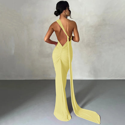 Hugcitar One Shoulder Backless Adjustable Scarf Loop Ruched Sexy Maxi Dress Women Elegant Y2K Streetwear Festival Outfit - Smarsty