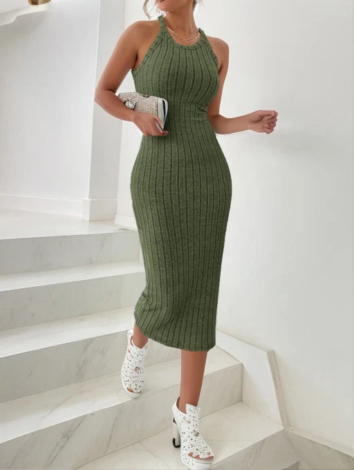 Solid Halter Neck Bodycon Midi Dress High-end temperament vest halter dress women's summer new high-waist slim temperament slim - Smarsty