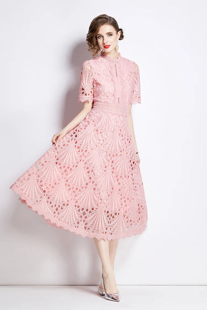 H Han Queen Spring New Elegant Casual Work Party Dresses Floral Crochet Hollow Out Lace Patchwork Casual Office Midi Dress - Smarsty