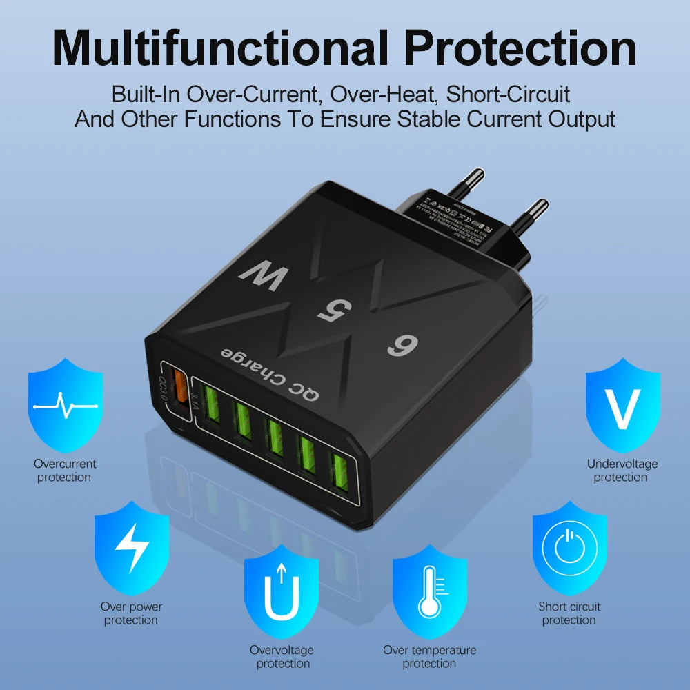 65W 6 Port USB Charger Fast USB QC3.0 Travel Adapter - Smarsty