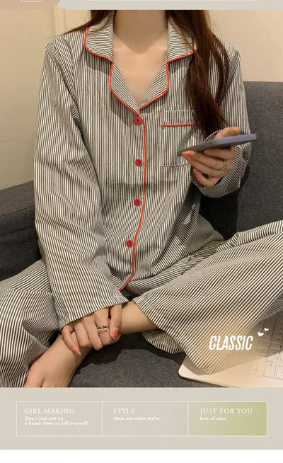 2PCS/Set Women's Long Sleeve Loose Breathable Student Sleepwear Loungewear Cardigan Gray Striped Girl Fashion Pajamas Homewear - Smarsty