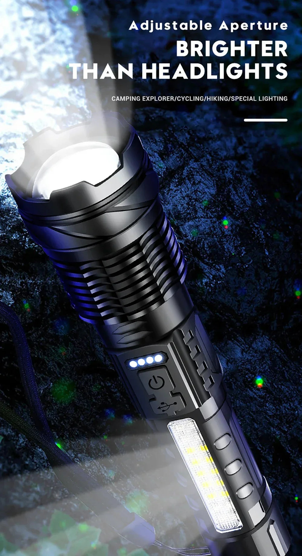 Rechargeable LED Flashlight Zoomable Torch with COB Side Led 7 Modes Waterproof High Power Hand Light Outdoor Wilderness Camping