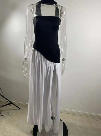 Mozision Strapless Off-shoulder Sexy Maxi Dress For Women Gown Patchwork Scarf Collar Thigh High Split Club Party Long Dress - Smarsty