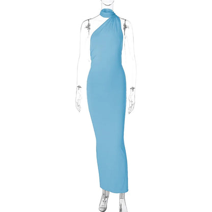 Hugcitar One Shoulder Backless Adjustable Scarf Loop Ruched Sexy Maxi Dress Women Elegant Y2K Streetwear Festival Outfit - Smarsty