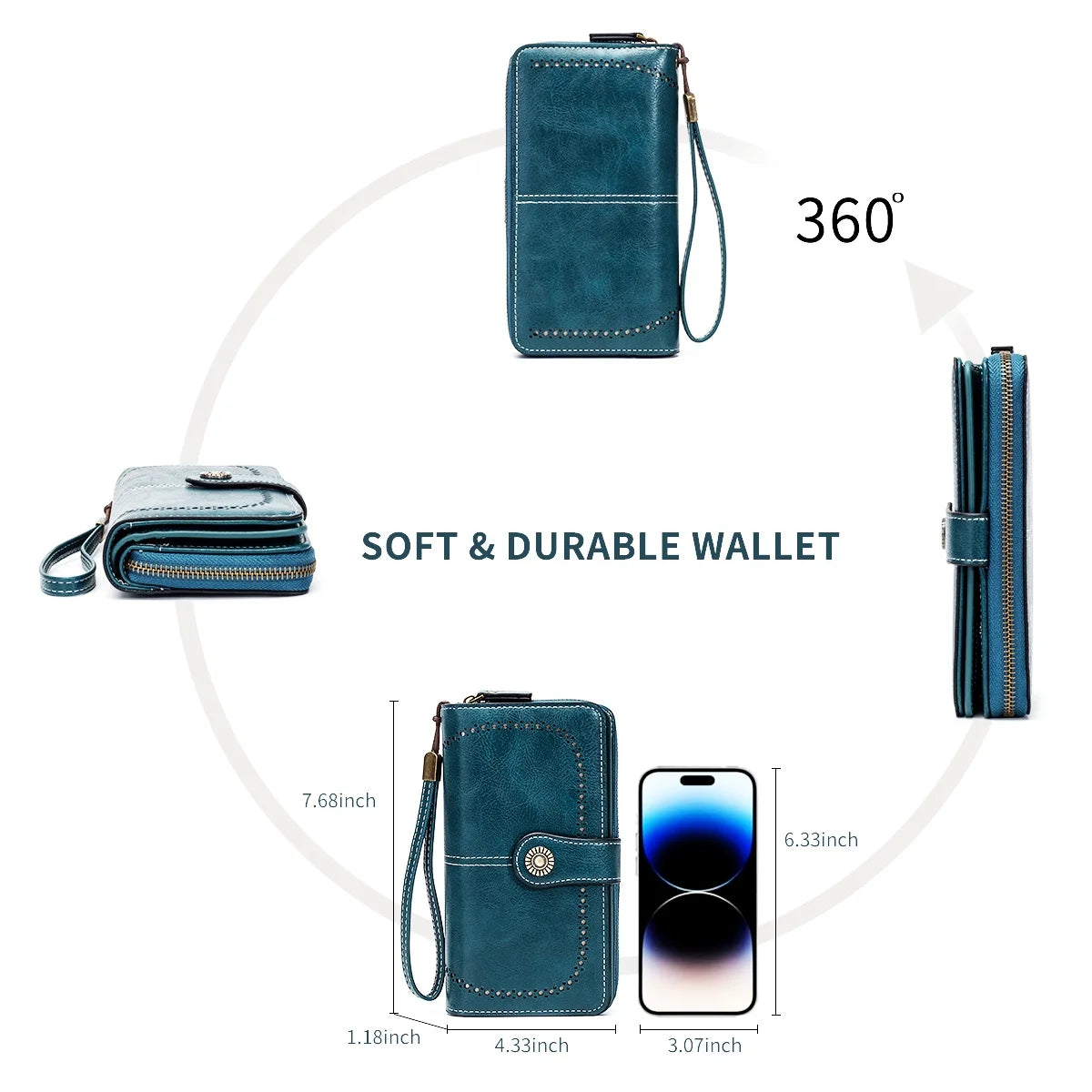 Rfid Anti-Theft Wallet for Men and Women, European and American Retro Leather Long Wallet Clutch, Oil Wax Leather Cut Out Multi-Card Slot Wallet, Large Capacity Zipper 70% off Clutch Bag, Card Holder Coin Purse Hand Bag - Smarsty