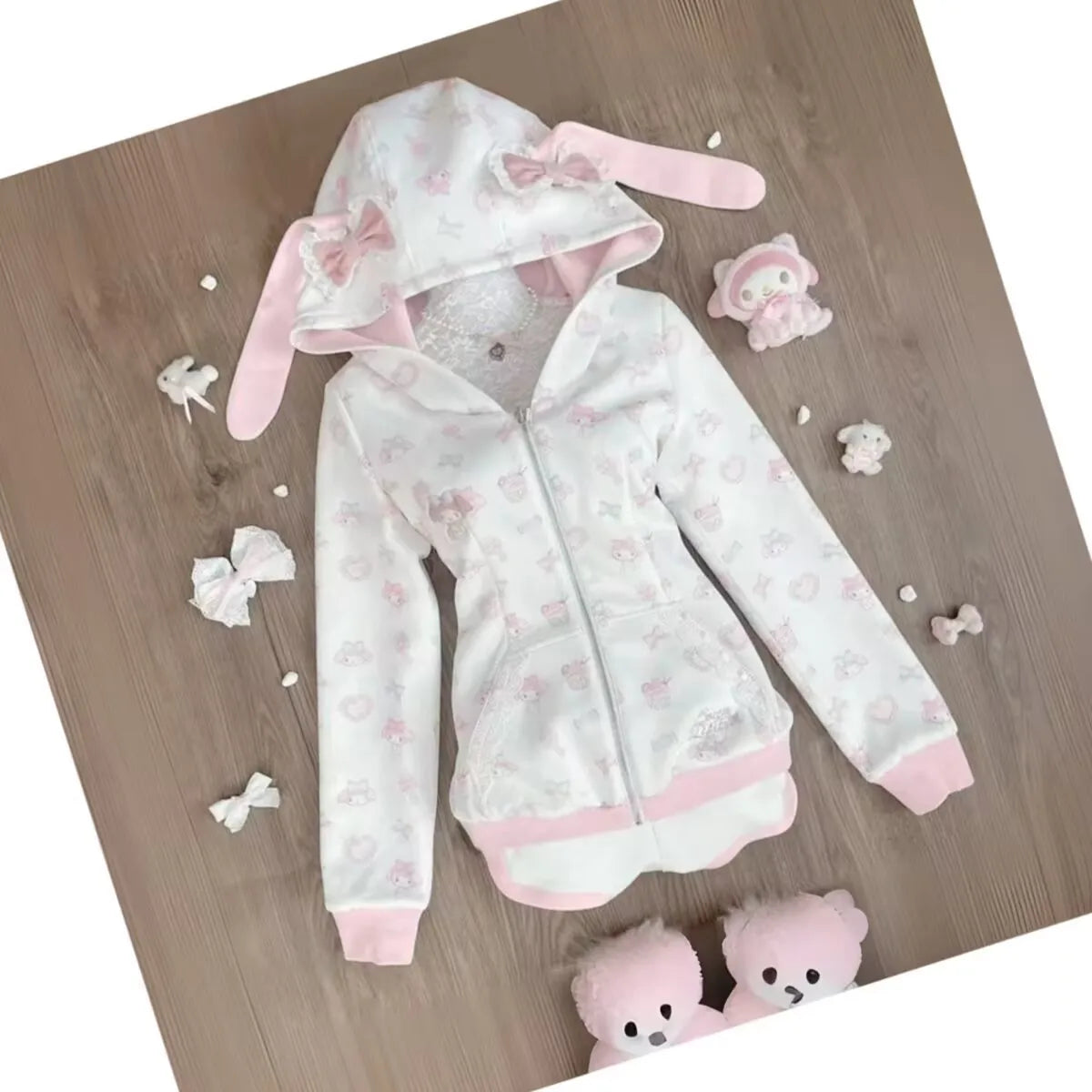 Harajuku Japanese Kawaii Sweatshirts Cartoon Rabbit Print Hoodie Y2k Pink Subculture Bow Zip Up Hoodie Women Slim Anime Hoodie