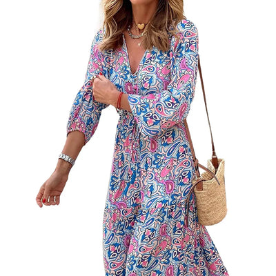 Women's Autumn New Fashionable Printed Sexy V-neck Long Sleeve High Waist Elastic Waist Medium Length Bohemian Dress - Smarsty