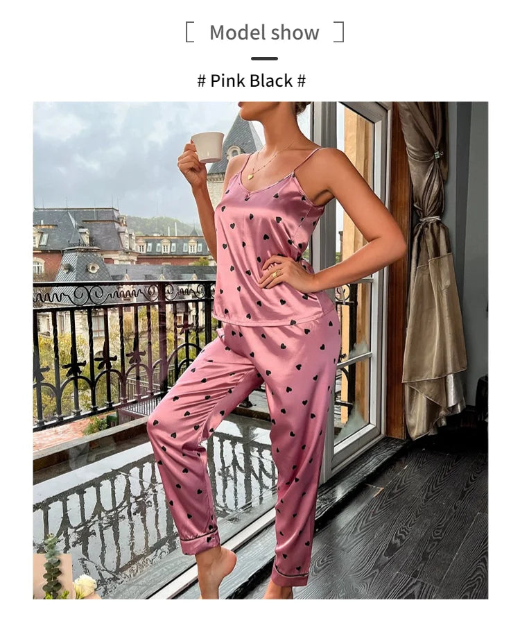 Women Satin Silk Pajamas Sets Letter Print Cami Vest Shirt With Trouser Sleepwear Ladie Sexy Pajama Lingerie Pyjamas Nightwear - Smarsty