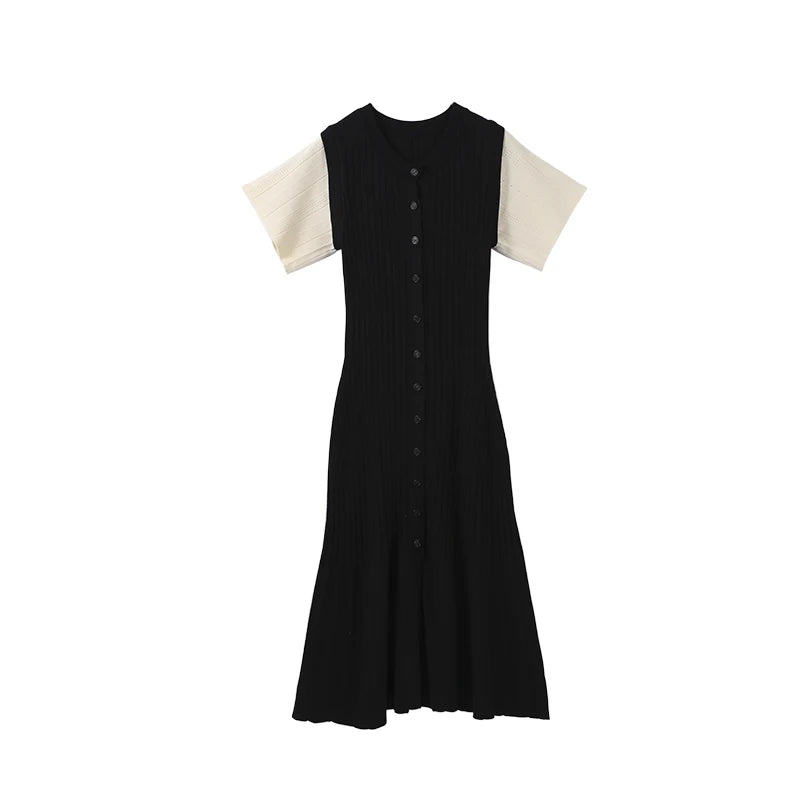 Elegant Knitted Dress Women Solid Single Breasted O Neck Short Sleeve High Waist Hip Package Dresses 2025 Autumn Chic Robes Lady