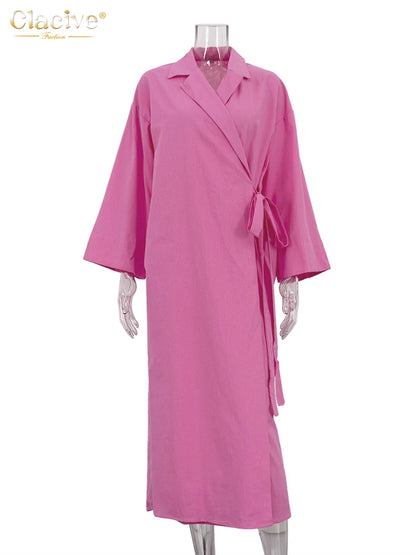 Clacive Casual Loose Pink Cotton Dress Ladies Fashion Lapel Long Sleeve Ankle Length Dress Elegant Lace-Up Dresses For Women - Smarsty
