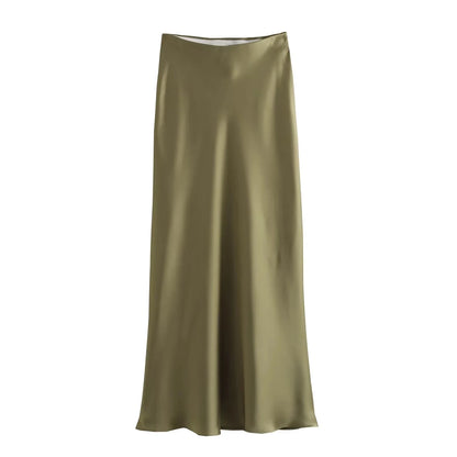 TRAFZA 2024 Y2K Casual Women Long Skirt Spring Elastic High Waisted A-Line Casual Female Satin Skirts High Street Lady Skirts - Smarsty