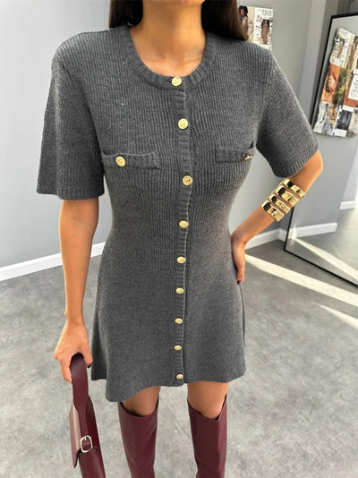 Trendix Elegant Knit Mini Dress Women Street Slim High Waist Short Sleeve Rib Sweater Dresses Vacation Bodycon Knitwear Dress - Smarsty