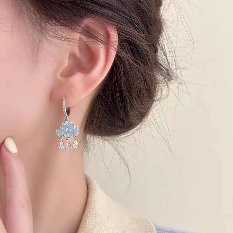 Elegant Blue Cloud Drop Earrings with Colorful Rain Tassel - Smarsty