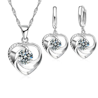 Sterling Silver Love Heart Necklace Earrings Set - Smarsty