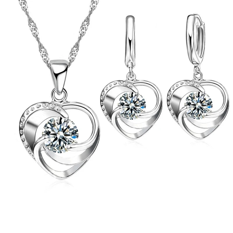 Sterling Silver Love Heart Necklace Earrings Set - Smarsty