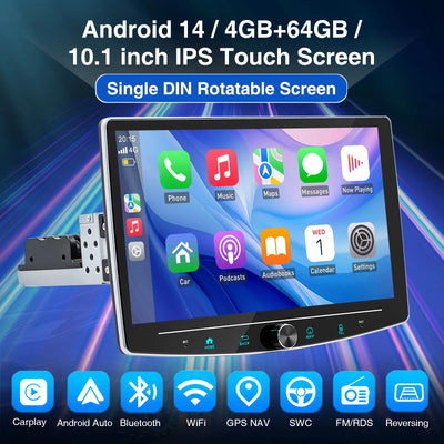 4+64GB Single 1 Din Android 14.0 10.1" Universal Wireless Carplay Car Stereo Radio Multimedia Player GPS Navi WIFI Android Auto