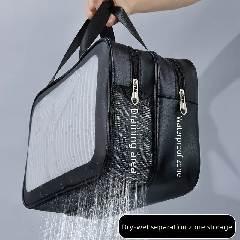 Dry-wet separation double transparent PU makeup bag portable washing bag cosmetic storage bag travel fitness swimming essentials - Smarsty