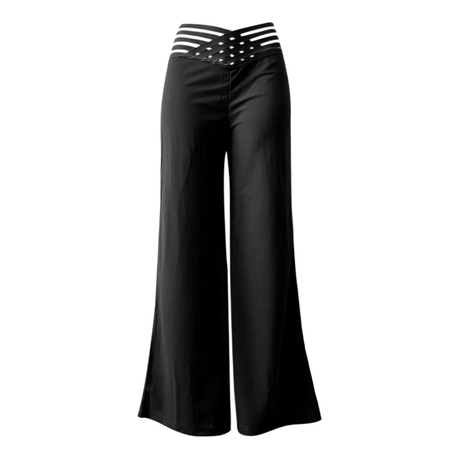 Women Wide Leg Flared Pants Autumn Casual Crisscross Sheer Mesh Patch High Waist Trousers Y2k Streetwear Elegant Work Pant - Smarsty