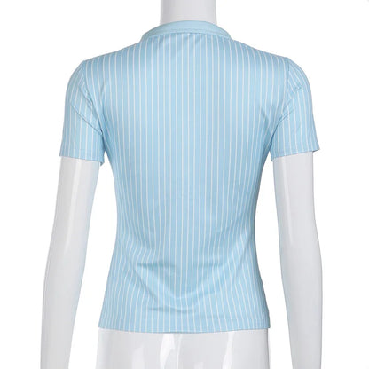 Sweetown Blue Stripe Short Sleeve Shirts For Women Button Up Turn Down Collar Slim Simple Casual Preppy Tops Basic Summer Tees - Smarsty