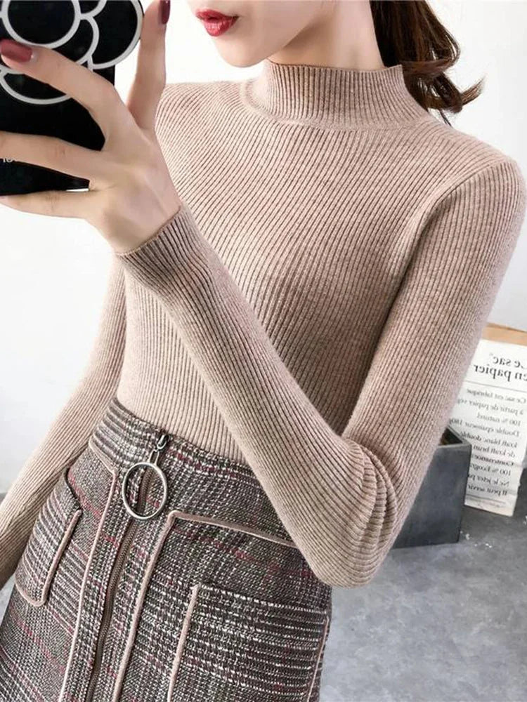 Autumn Winter Mock Neck Women Sweater Vintage Basic Solid Knitted Tops Casual Slim Pullover Korean Sweaters Simple Chic Jumpers - Smarsty
