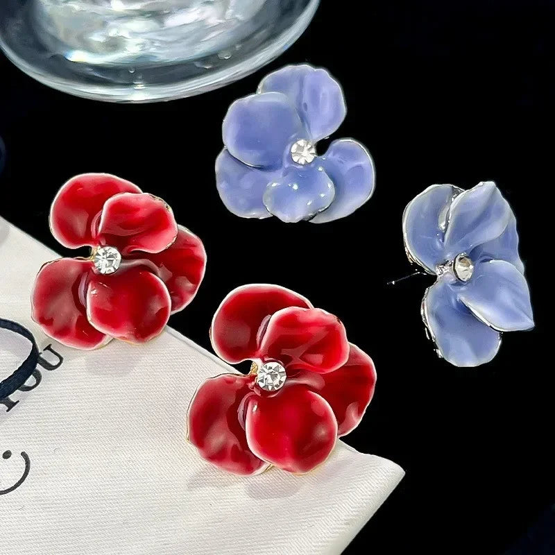 Enamel Flower Stud Earrings Cute Crystal Five Petal - Smarsty