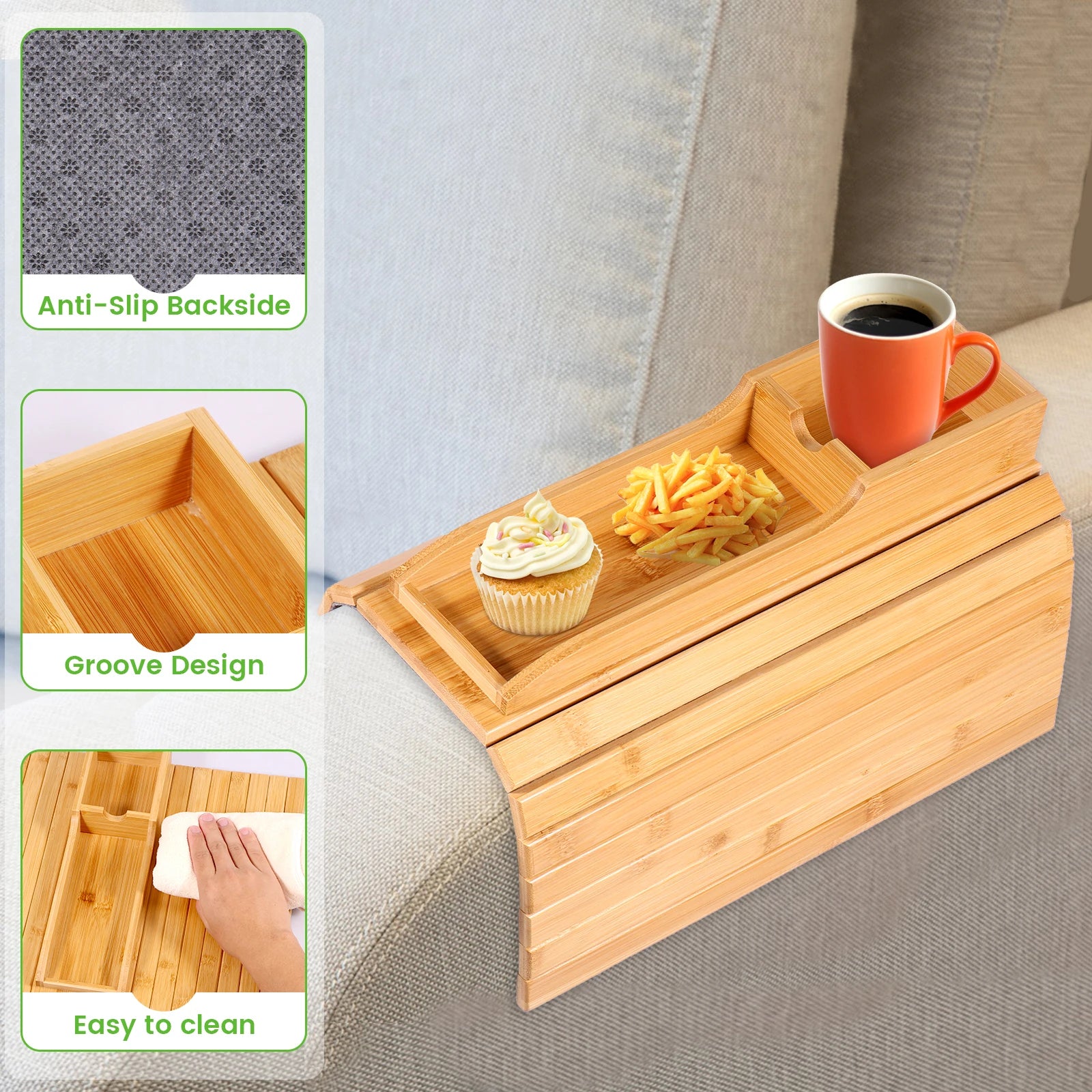 Couch Cup Holder Bamboo Wood Sofa Armrest Tray Foldable Sofa Cup Holder Anti-Slip Couch Arm Cup Holder Sofa Side Storage Tray by Smarsty